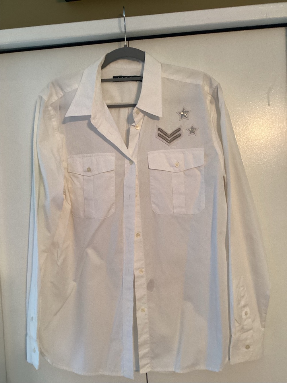 Lauren Ralph Lauren White Button-Up Shirt with Star & Chevron Patches
